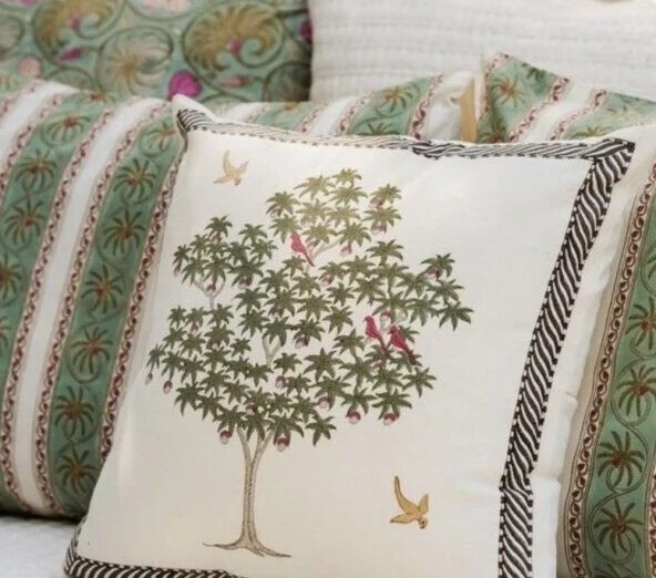Hand-embroidered tree of life cushion