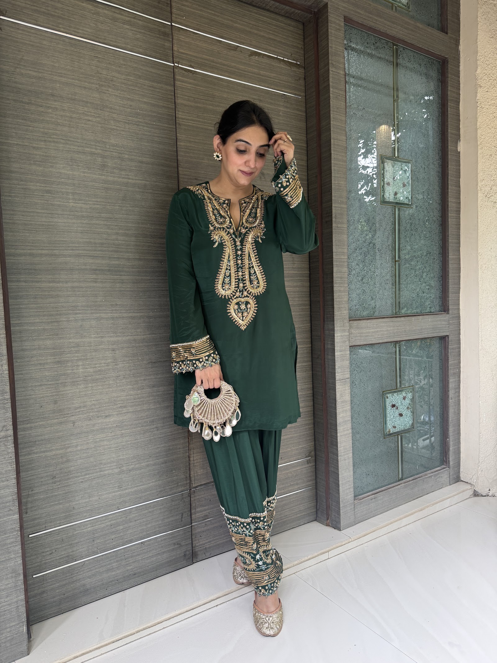 Embroidered emerald co-ord by Karnik