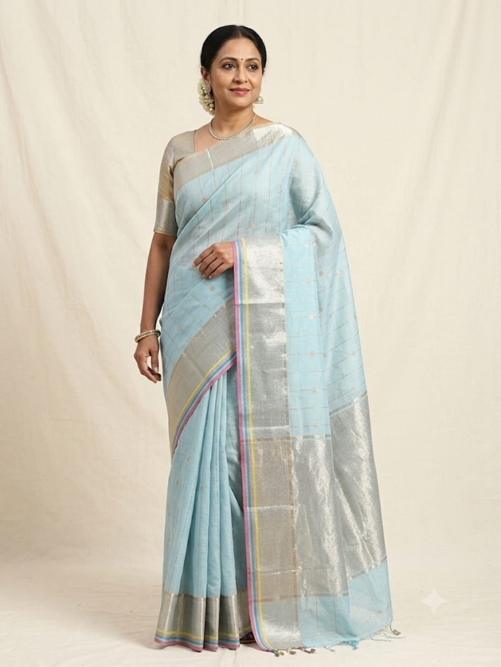 Powder blue silk saree by Khatkaa The Loom