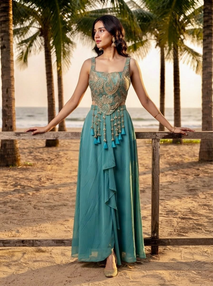 Teal drape set by Kritikka Siingh