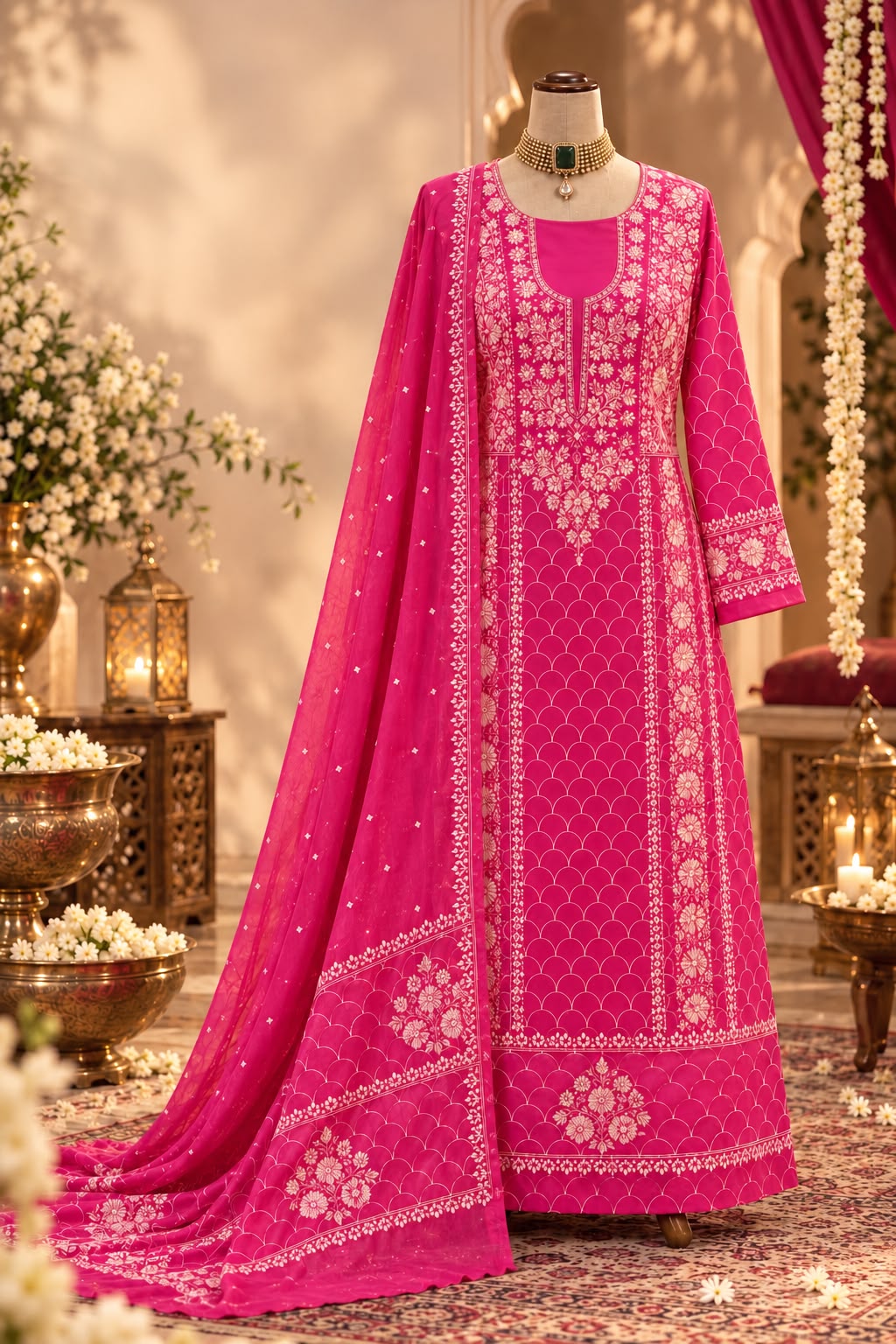 Rani pink chikankari set by Lucknowi Begums