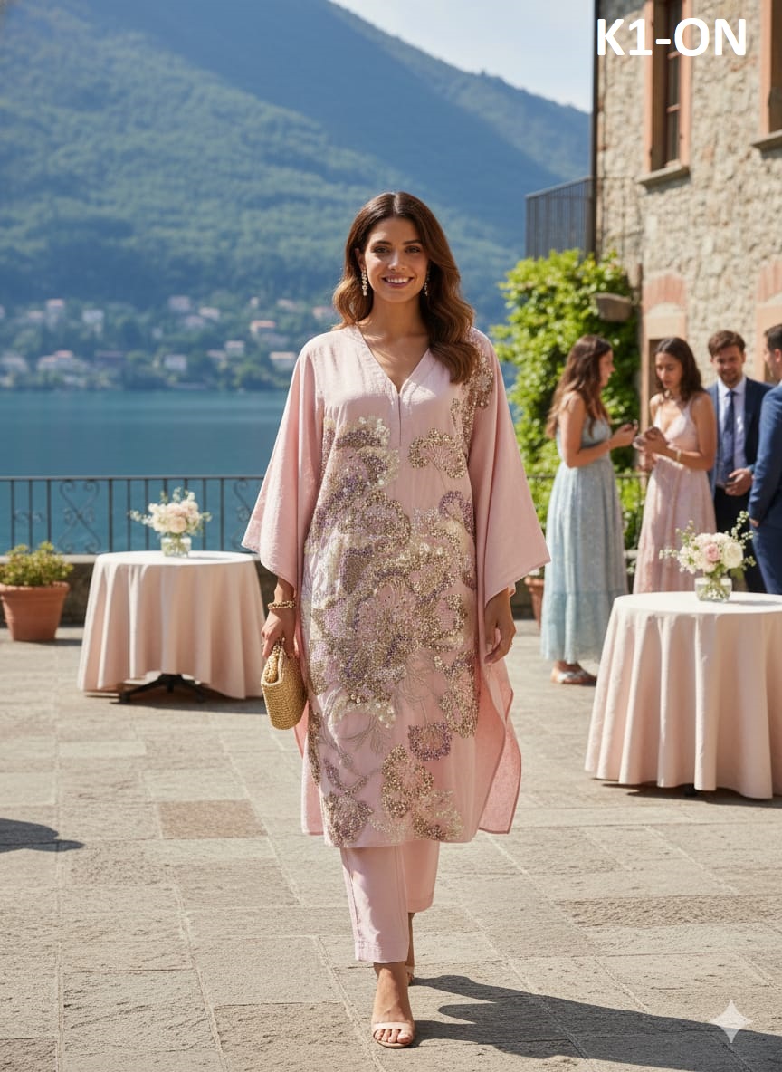 Blush embroidered kaftan set by Sriha By Chandrum